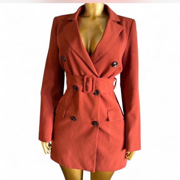 essue Jackets & Blazers - essue Double-Breasted Belted Blazer in Rust